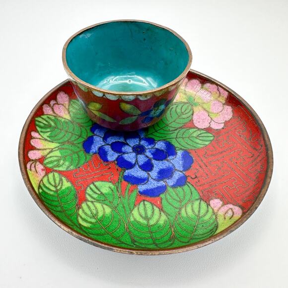 Antique Chinese Cloisonne Cup And Plate Red w Blue Dogwood Pink Lotus Pattern - Picture 3 of 13